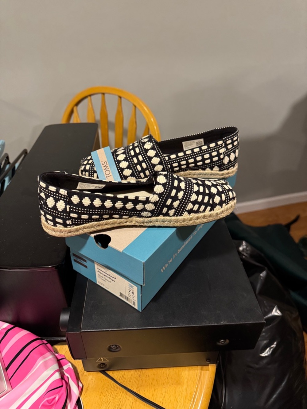 TOMS Black and White Patterned Espadrille Slip-Ons